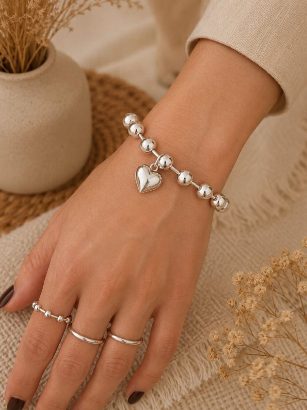 925 Sterling Silver Chunky Silver Heart Beaded Bracelet Statement Bead Bracelet